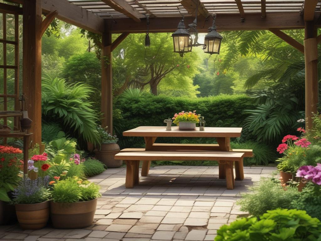 A serene garden scene featuring lush green plants, colorful flowers, and rustic wooden garden furniture, set against a backdrop of soft natural light and earthy textures, embodying a peaceful and inviting atmosphere.