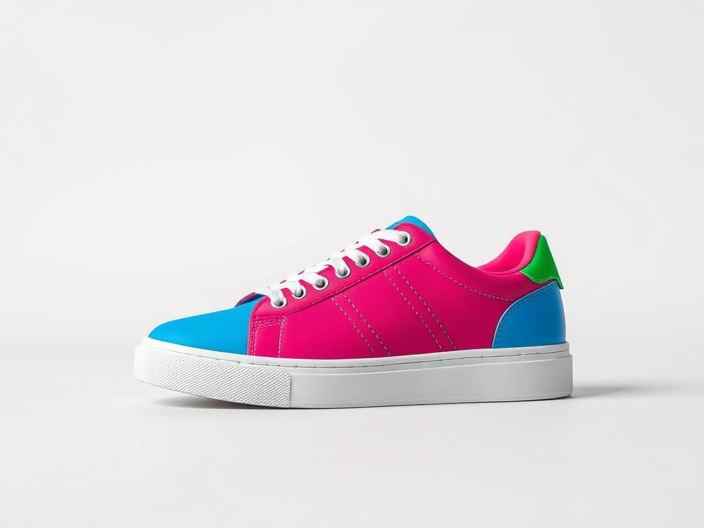 A lifelike high-resolution image of a pair of stylish casual sneakers, highlighting their vibrant colors and sleek design. The sneakers should be centered against a clean, minimalistic background to draw attention to their modern aesthetic.