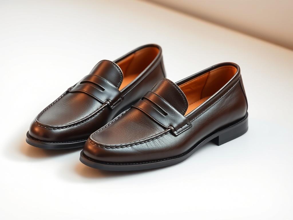 A realistic high-resolution photo of a pair of elegant leather loafers, showcasing their intricate stitching and luxurious leather texture. The loafers should be placed on a minimalistic background with soft lighting to emphasize their design and craftsmanship.