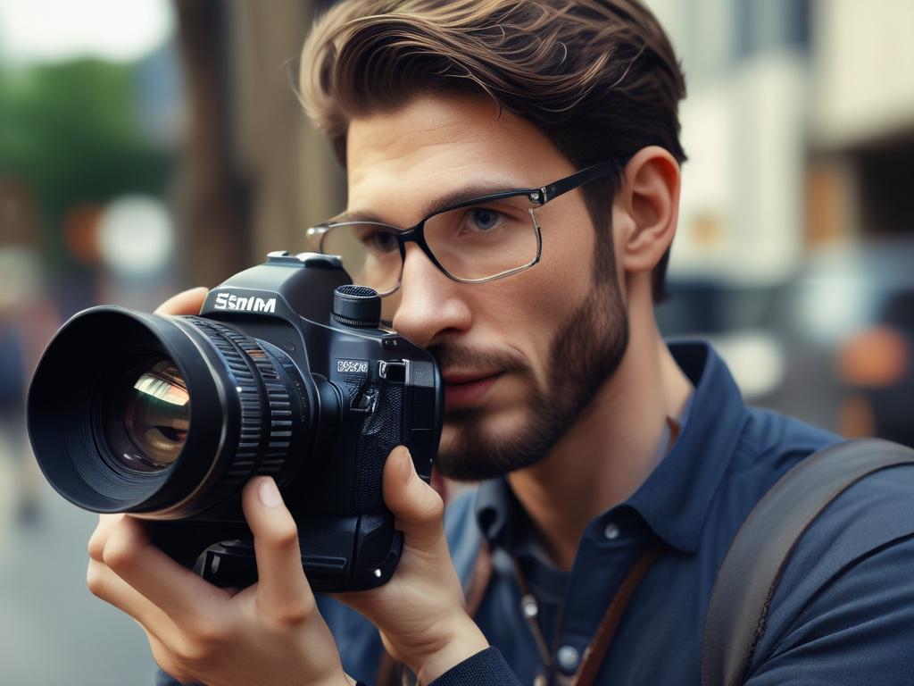 A hyper realistic close up shot of a professional videographer