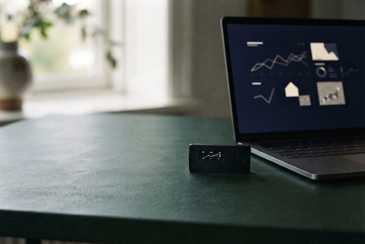 Hardware wallet beside a laptop in a calm, softly lit workspace