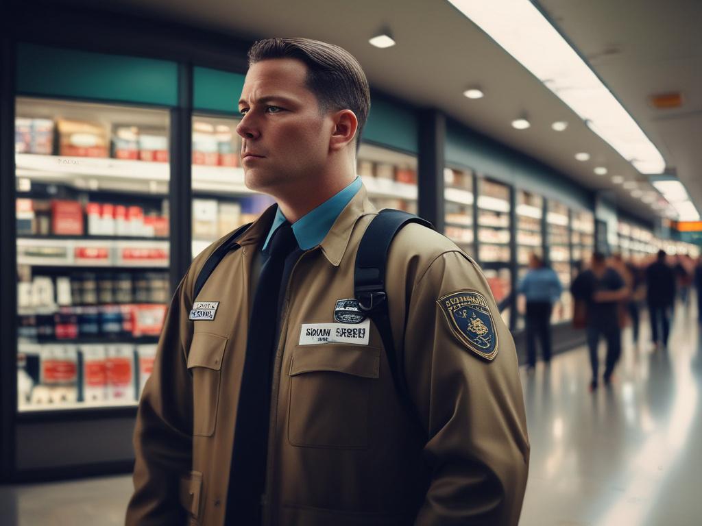 **AI Image Generation Prompt:**

Create a realistic high-resolution photo focusing on a vigilant security guard observing a retail space, embodying the theme "Identifying A Shoplifter: How Security Guards Help." The composition should be simple and clear, featuring a single security guard as the central subject. 

The guard, dressed in a crisp uniform, stands confidently with an attentive posture, scanning the store for suspicious activity. Capture a close-up of the guard's determined facial expression, emp