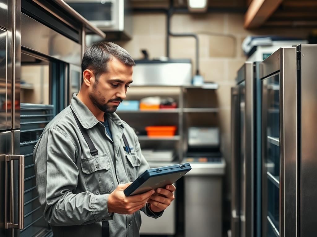 A realistic high-resolution photo of a qualified technician performing diagnostics on a refrigeration unit in a commercial kitchen. The technician, wearing a clean uniform, is focused and engaged with a digital diagnostic tool. The background features stainless steel kitchen appliances and a well-organized workspace, reflecting a professional environment. Natural lighting enhances the earthy textures and tones of the setting.