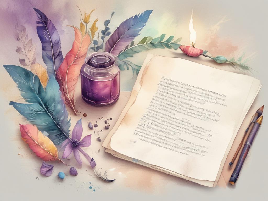 A vividly colorful blank page surrounded by magical elements in a serene setting. The background features soft, ethereal colors blending together, creating an enchanting atmosphere. A vintage quill rests beside an inkpot filled with shimmering ink, symbolizing creativity and inspiration. The composition is simple and clear, focusing on the page, quill, and ink, inviting the viewer into a world of imagination and artistic expression.