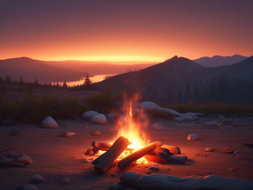 **Prompt for AI Image Generation:**

Create a realistic high-resolution photo of a single extinguishing campfire at dusk. The campfire should be depicted with soft glowing embers and wisps of smoke curling up into the air, illustrating the last moments of warmth and light. The background should be a vast, surreal cosmic landscape filled with twinkling stars and ethereal colorful nebulae, creating an expansive sense of wonder. The composition should be simple, focusing solely on the campfire as the subject, 