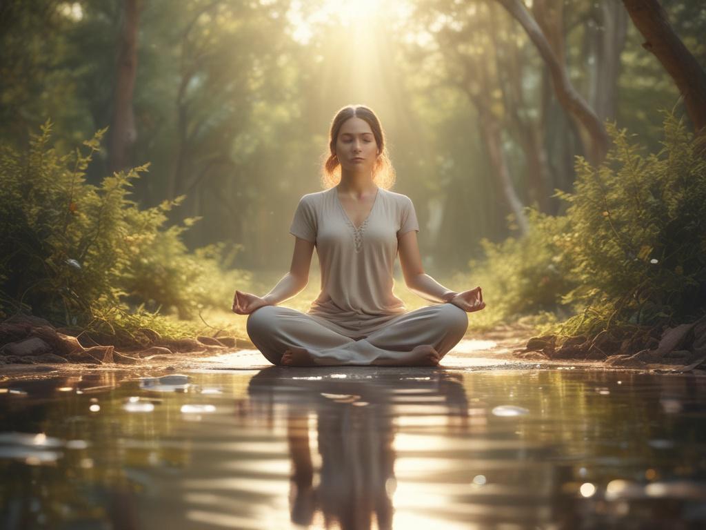 **AI Image Generation Prompt:**

Create a realistic high-resolution photo that embodies the theme "Embracing the Light Within." The composition should focus solely on one subject—a serene figure engaged in meditation. The figure should be centered in the frame, exuding a sense of peace and tranquility. They should be seated on a soft, natural surface, like grass or a gentle bed of flowers, with their hands resting softly on their knees, palms facing upward, inviting positive energy.

The background should f