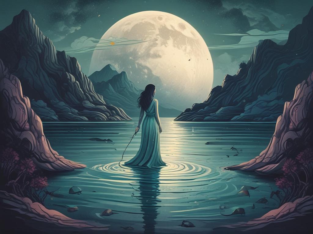 **Prompt for AI Image Generator:**
Create a high-quality illustration that captures the essence of a mystical and ethereal blog titled "Moonlit Waters: A Cosmic Journey through Greek Mythology." The composition should be simple and clear, featuring a single, elegant subject: a serene figure inspired by Greek mythology, draped in flowing, translucent garments that shimmer like moonlight on water. 
The figure should be positioned gracefully at the water's edge, gazing thoughtfully at the tranquil surface of