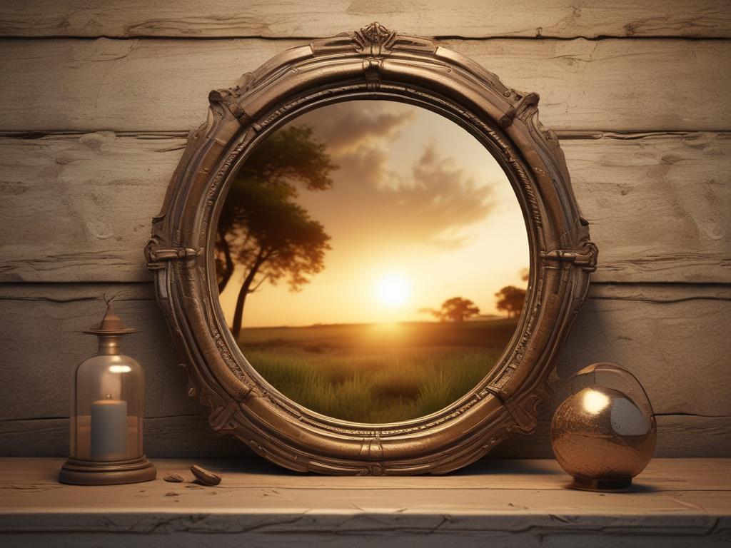 **Prompt for AI Image Generation:**

Create a realistic high-resolution photo featuring a single ancient, weathered mirror set against a serene outdoor backdrop. The mirror should reflect the soft, warm light of a golden sunset, casting a gentle glow on the surrounding natural elements. The frame of the mirror is ornate, with intricate carvings that hint at a rich history, showcasing patterns that repeat throughout its design, embodying both ethereal beauty and rustic charm. 

In the background, depict a lu