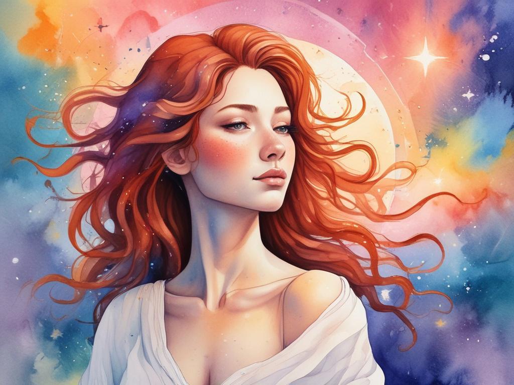 Illustrate a goddess glowing from the heart space, depicted as a remarkably beautiful woman with auburn hair. She stands in a serene pose, radiating light and warmth. The background should be a colorful cosmic scene, full of swirling stars and vibrant colors that evoke a sense of ethereal beauty. The composition should be simple and clear, focusing solely on the goddess as the central subject, surrounded by the enchanting cosmic backdrop.