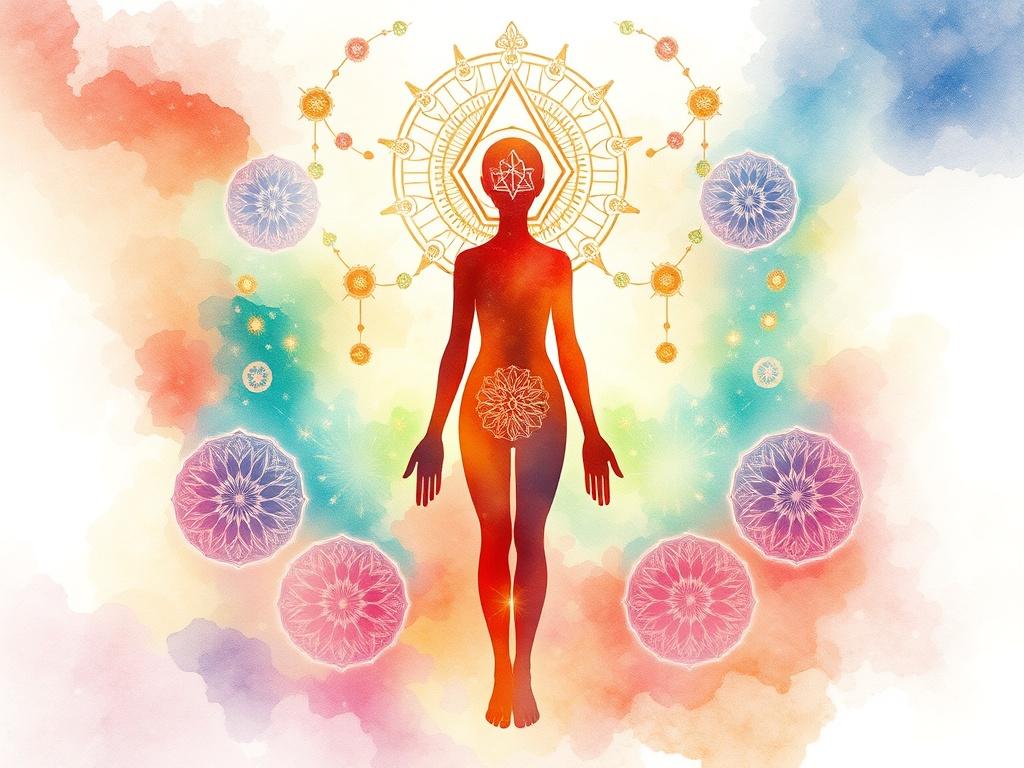 A serene and ethereal watercolor painting of a human silhouette, seamlessly merging with vibrant psychedelic patterns and divine symbols surrounding it. The background should be soft and inviting, with hints of light and shadow to create depth. The color palette should primarily feature warm tones of #FF6E4E, blended harmoniously with cool blues and greens, evoking a sense of spiritual awakening and connection to the universe.