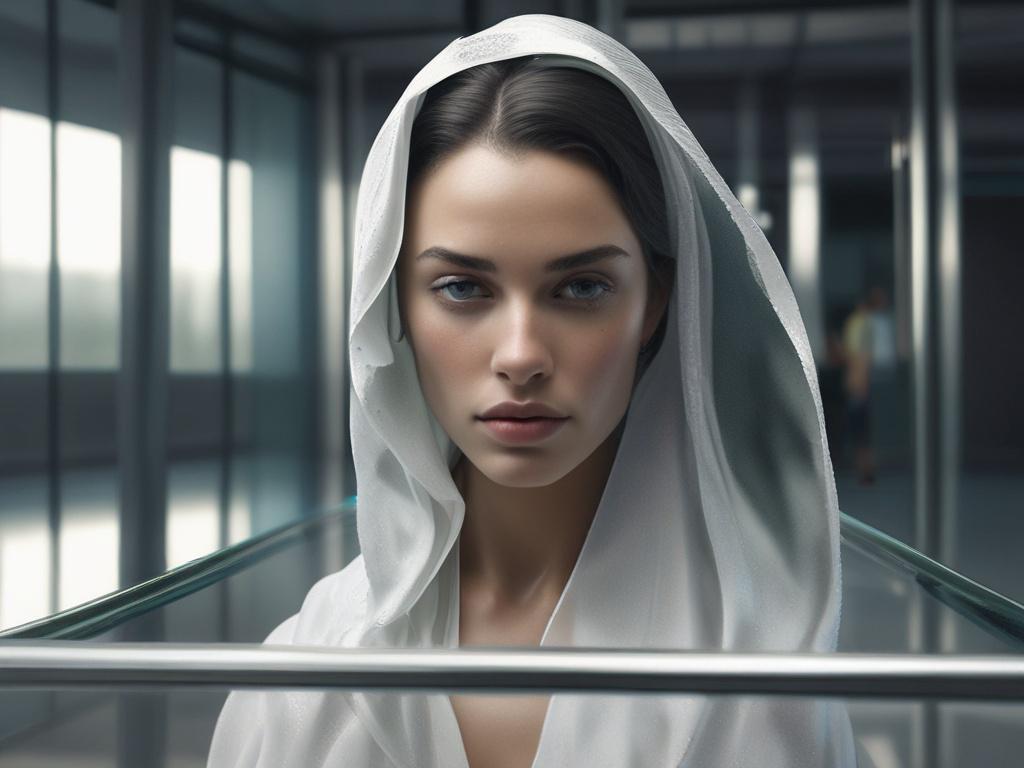 **Prompt for AI Image Generation:**
Create a realistic high-resolution photograph that embodies the essence of a blog titled "The Veil & Mirror." The central subject should be a striking high-fashion model, elegantly posing in a serene, ethereal setting. The model’s attire features flowing fabrics that shimmer and reflect light beautifully, showcasing soft, mirror-like surfaces that connect to the blog's themes of shadow and light.
The composition should be simple and clear, focusing solely on the model a