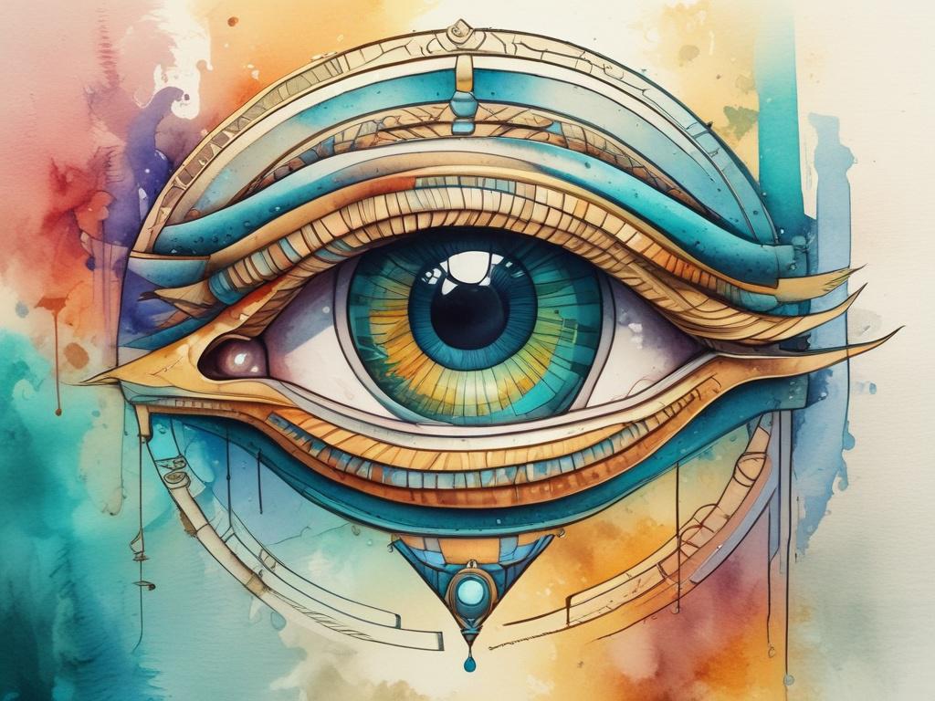 Create a high-quality illustration of the Eye of Horus, vividly colorful and rich in detail. The Eye should be the central focus of the composition, depicted in a soft watercolor painting style. Surround the Eye with a gentle blend of warm colors like gold, turquoise, and deep blue, creating a serene and ethereal atmosphere. The background should be softly blurred, allowing the Eye to stand out prominently as a symbol of protection and insight.