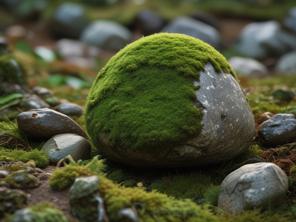 Create a highly detailed, hyper-realistic image featuring a single subject: a glorious stone covered in cosmic-colored moss. The composition should be simple and clear, with the stone taking center stage. The stone should appear rugged and textured, showcasing its natural beauty, while the moss should exhibit vibrant hues of blues, purples, and greens, reminiscent of a cosmic landscape. Use a 45mm f/1.2 lens perspective to capture the minute details of the moss, emphasizing its soft, velvety appearance and 
