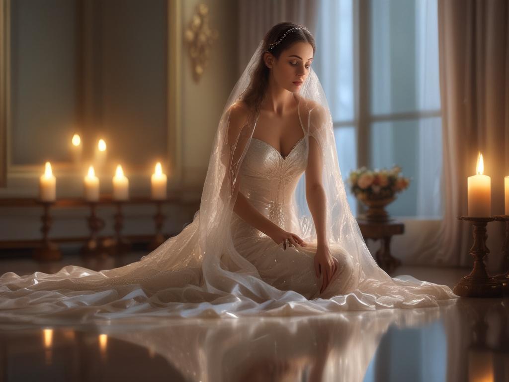 Create a realistic high-resolution image of a veiled beautiful woman seated gracefully in a softly lit room illuminated by flickering candlelight. Her delicate features are partially obscured by an ethereal, sheer veil that softly reflects the warm glow of the candles surrounding her. The woman exudes a sense of tranquility and mystery, with deep, expressive eyes that hint at a profound inner world. 
In the background, conjure a surreal, cosmic landscape that seamlessly blends with the warmth of the candle