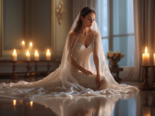 Create a realistic high-resolution image of a veiled beautiful woman seated gracefully in a softly lit room illuminated by flickering candlelight. Her delicate features are partially obscured by an ethereal, sheer veil that softly reflects the warm glow of the candles surrounding her. The woman exudes a sense of tranquility and mystery, with deep, expressive eyes that hint at a profound inner world. 

In the background, conjure a surreal, cosmic landscape that seamlessly blends with the warmth of the candle