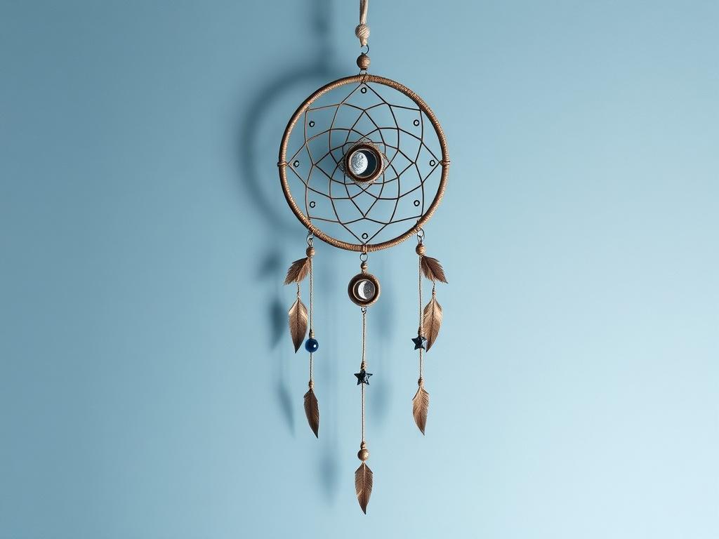 A beautifully handcrafted dreamcatcher with celestial motifs, featuring moon phases and star beads. The dreamcatcher hangs gracefully against a soft gray backdrop, with cool-toned light illuminating its intricate details. The image captures the essence of serenity and cosmic beauty.