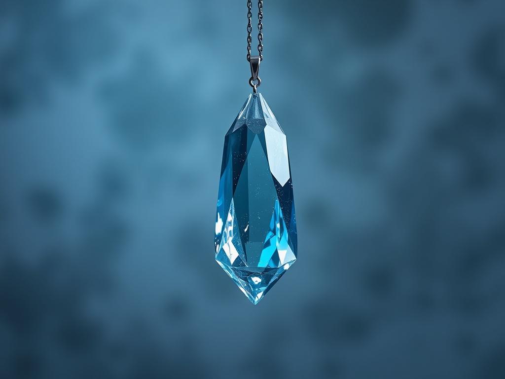 A stunning crystal pendant hanging against a soft gray background. The pendant reflects light in varying shades of blue and hints of iridescent colors, exuding a mystical aura. The image focuses on the crystal's intricate details, emphasizing its beauty and energy.