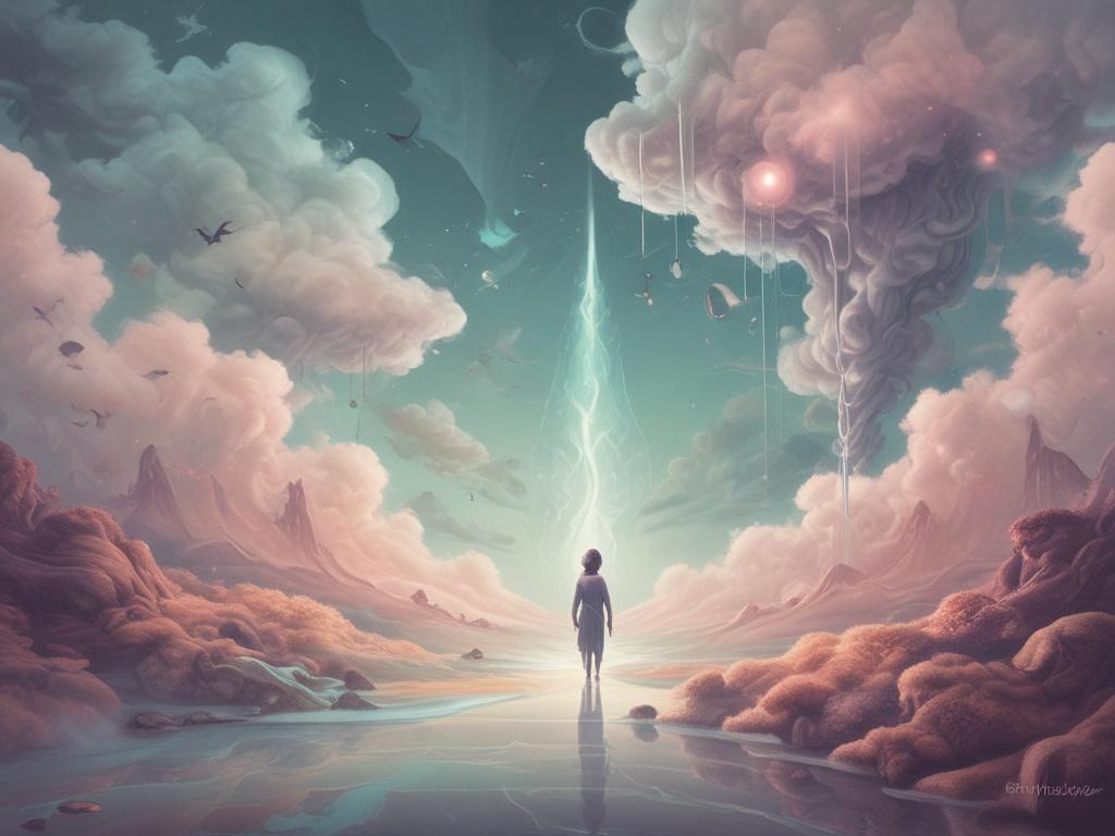**Prompt for AI Image Generator:**

Create a high-quality illustration that encapsulates the essence of a mystical journey titled "Journey Through the Veil." The composition should be simple yet profound, showcasing a single, ethereal figure walking through a luminous mist, symbolizing the transition between the seen and the unseen. This figure should be cloaked in flowing fabric that gently reflects the hues of serene greens and soft golds, evoking a sense of peace and introspection.

In the foreground, th