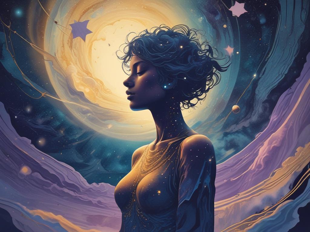 A figure filled with stars, gold and indigo hues, gazing dreamily into the cosmos. The figure's silhouette is ethereal and slightly transparent, suggesting a connection to the universe. Soft light emanates from the figure, illuminating the surrounding space. The background is a mystical blend of deep indigo and shimmering gold, conveying a sense of wonder and infinite possibilities. The composition is simple and clear, focusing on the figure as it dreams up cosmic ideas.