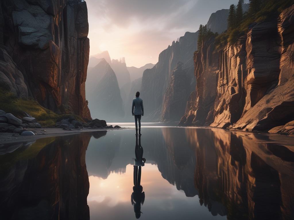 **AI Image Generation Prompt:**

Create a realistic high-resolution photo featuring a luminous figure standing at the edge of a dramatic cliff. The figure, portrayed in an ethereal and soft-focus style, is wearing a tattered cloak, with pieces of the fabric gracefully falling away and dissolving into radiant golden light. These fragments symbolize the act of letting go.

In the background, depict a striking sky transitioning from turbulent indigo storm clouds to soft sunrise hues, showcasing the beauty of t