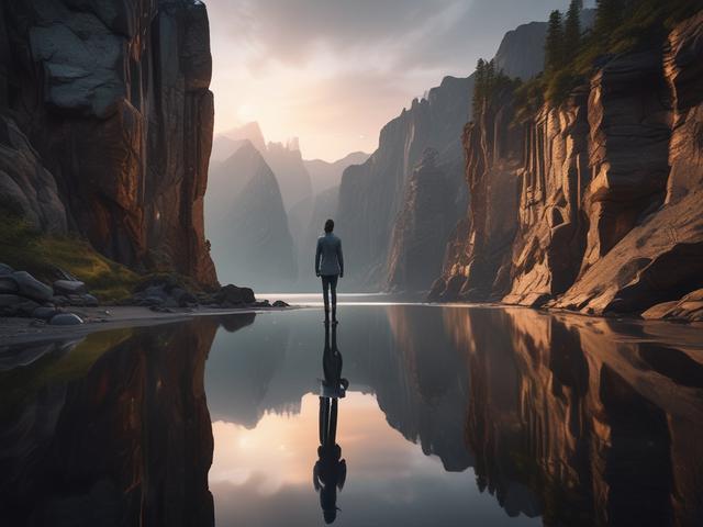 **AI Image Generation Prompt:**

Create a realistic high-resolution photo featuring a luminous figure standing at the edge of a dramatic cliff. The figure, portrayed in an ethereal and soft-focus style, is wearing a tattered cloak, with pieces of the fabric gracefully falling away and dissolving into radiant golden light. These fragments symbolize the act of letting go.

In the background, depict a striking sky transitioning from turbulent indigo storm clouds to soft sunrise hues, showcasing the beauty of t
