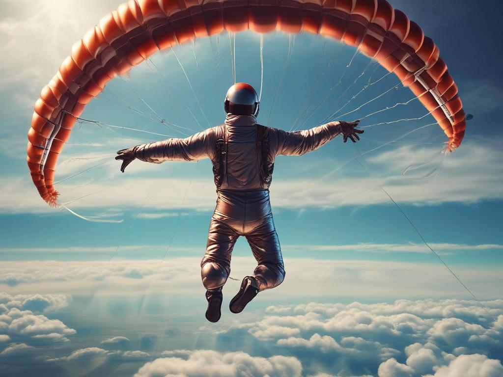**AI Image Generation Prompt:**

Create a realistic high-resolution photo that captures the essence of surrender in the context of a parachute jump. The main subject should be a solitary figure, a brave individual in mid-air, experiencing an exhilarating jump while gracefully surrendering to the vastness below. The person should be wearing a colorful parachute that unfurls dramatically behind them, catching the light and showcasing ultra-shiny surfaces.

The composition should be simple yet impactful, with 