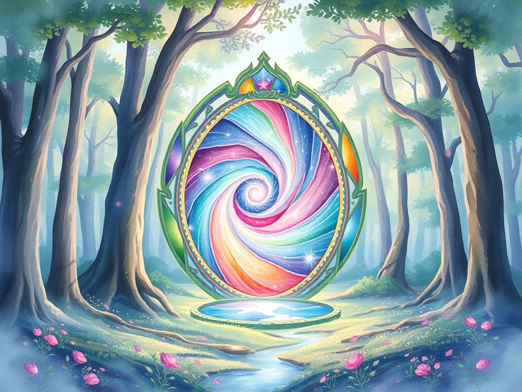 A serene and mystical scene featuring a psychedelic mirror portal. The portal should have vibrant, swirling colors reminiscent of a dreamlike landscape, surrounded by soft, ethereal light. The background should be a tranquil forest setting with gentle foliage, creating a harmonious connection between nature and the portal. The composition should focus solely on the portal as the central subject, inviting viewers into a world of exploration and self-discovery.