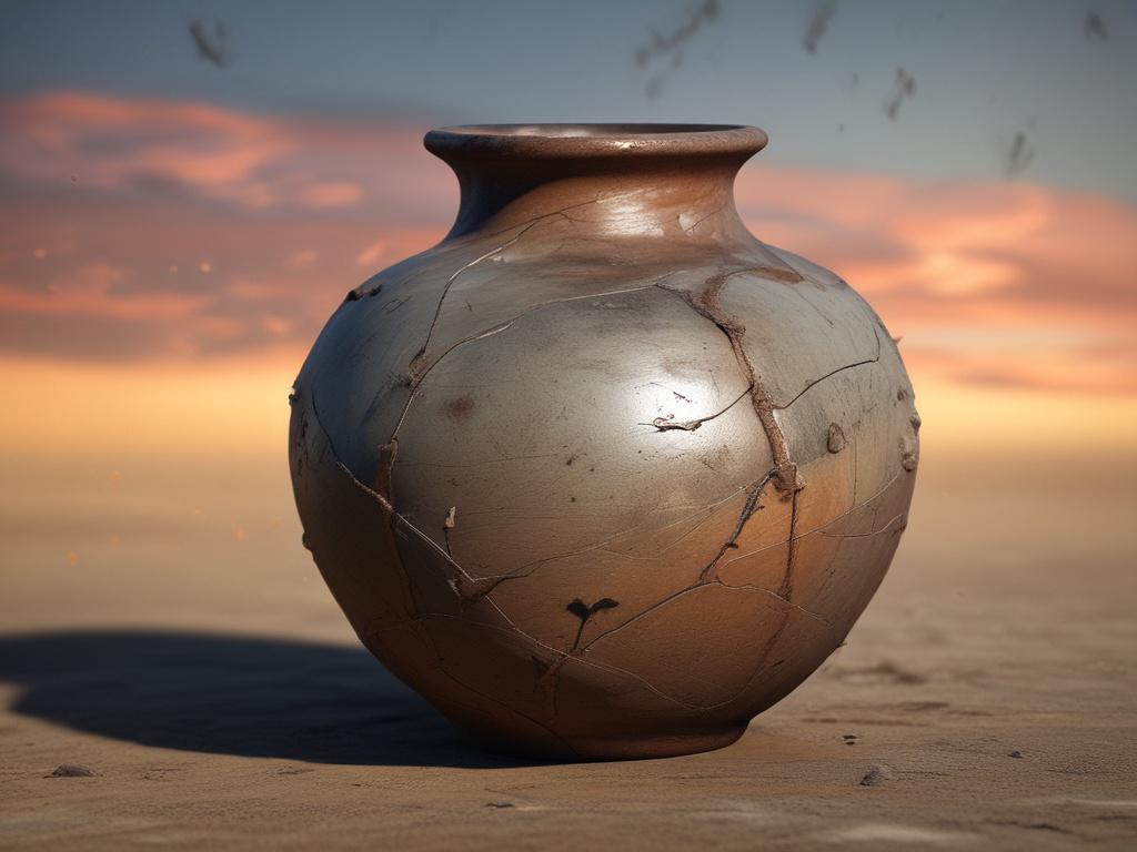 **AI Image Generation Prompt:**

Create a realistic high-resolution photo depicting a cracked clay vessel as the central subject. The vessel should be intricately detailed, showcasing its weathered surface and subtle earth tones, with prominent cracks that highlight its fragility. Soft, warm light should pour out from within the vessel, creating a luminous glow that contrasts beautifully with the matte texture of the clay. 

The background should be simple and understated, featuring a soft gradient that shi