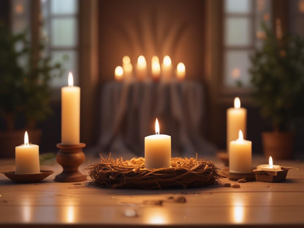 **Prompt:** Create a realistic high-resolution photo depicting a serene candlelit ceremony that embodies the essence of spiritual reflection. The composition should be simple and clear, featuring a single beautifully crafted, flickering candle in the foreground. The candle should be encased in a natural, rustic holder made from reclaimed wood, emphasizing a grounded and earthy aesthetic. Surrounding the candle, scattering of soft, natural elements such as dried flowers or leaves will enhance the connection 