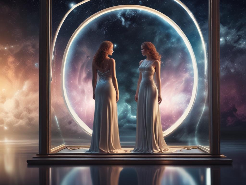 Create a high-resolution, realistic photograph featuring two individuals standing on either side of a cosmic mirror. The first subject should be a serene woman with flowing hair, wearing a flowing, ethereal gown that reflects soft light, embodying a sense of peace and introspection. On the opposite side, portray a contemplative man dressed in a simple, yet elegant outfit, with an expression of wonder and curiosity. 

The mirror should dominate the center of the composition, reflecting a night sky filled wit
