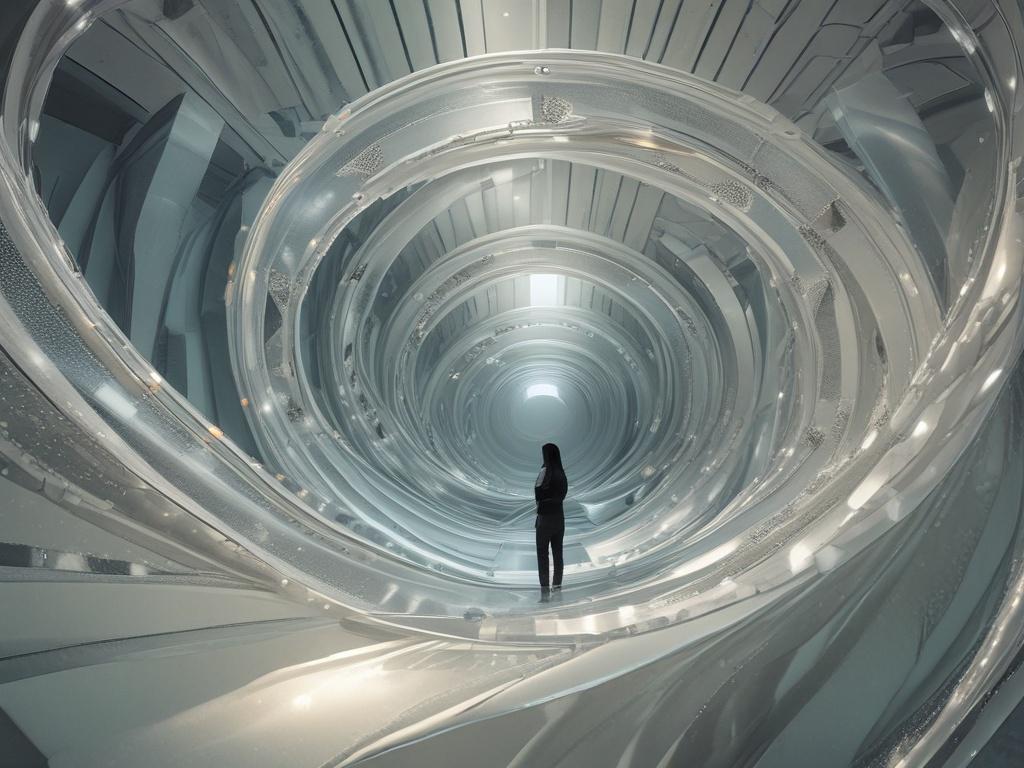 Create a realistic high-resolution image that captures the essence of a blog titled "The Veil & Mirror." The composition should be simple and clear, focusing solely on a single subject: a spiral-shaped, glowing crystal that embodies cosmic energy and spiritual enlightenment. The crystal should be set against a soft, dreamy background of swirling galaxies, vibrant colors, and ethereal light reflections. 

The crystal should feature intricate details, shimmering highlights, and a hyper-glossy surface that mir