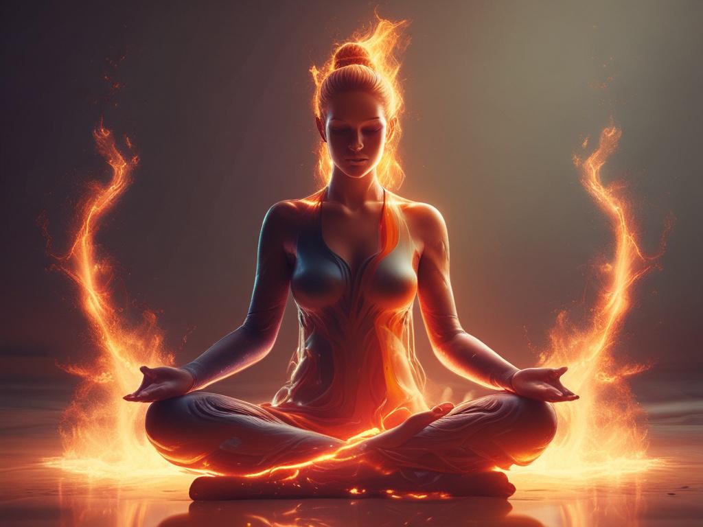 A realistic high-resolution photo depicting flames in vibrant colors, swirling around a person seated in meditation. The person has an aura glowing around them, radiating warmth and energy. The background features a soft-focus, ethereal landscape with gentle light shimmering, enhancing the spiritual ambiance. The composition is clear, focusing solely on the meditator and the flames, creating a striking contrast with the serene background.