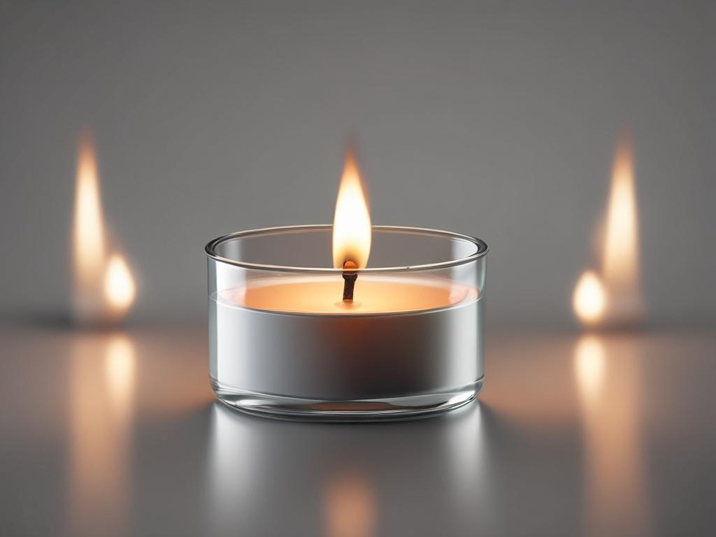 Create a realistic high-resolution photo that embodies the theme of "Tiny Spark." The composition should be simple and clear, featuring a single, delicate candle flame flickering gently against a dark, softly blurred background. The candle stands on an elegant, reflective surface, accentuating the luminous highlights and creating a mirror-like effect that showcases the dance of the light. Surrounding the flame, a subtle halo of soft, ethereal light should emanate to evoke a sense of warmth and tranquility. 