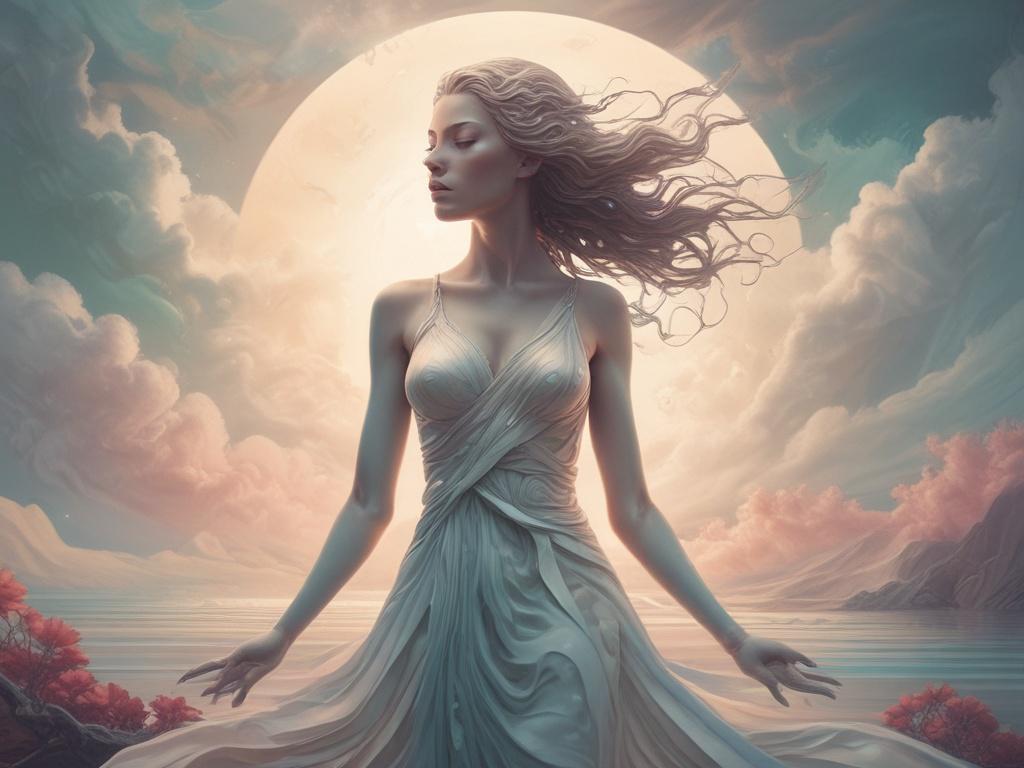 **AI Image Generation Prompt:**

Create a high-quality illustration of Goddess Sophia, depicted as a serene and ethereal figure embodying wisdom and enlightenment. She should take center stage in the composition, exuding a sense of tranquility and strength. Her flowing robes should shimmer in golden hues, subtly blending with soft pink and purple tones, creating a dreamlike aura around her.

She is surrounded by a softly blurred background that features mystical elements such as delicate wisps of light, swi