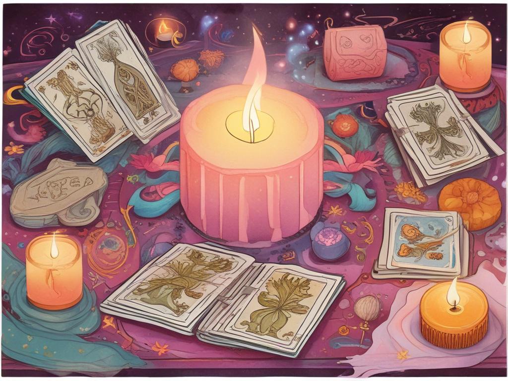A vivid and colorful illustration of a tarot card reading setup. The image features a beautifully arranged spread of tarot cards on a soft, textured cloth. In the background, there are gentle candle flames casting a warm glow, and a few crystals scattered around, enhancing the mystical atmosphere. The scene should reflect an ethereal quality, with soft watercolor strokes that blend harmoniously, evoking a sense of spirituality and insight. The colors should be bright yet balanced, focusing on hues that insp