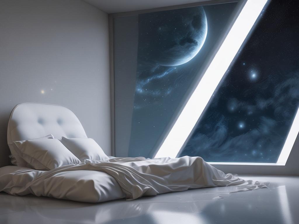 **AI Image Generation Prompt:**

Create a realistic high-resolution image titled "Cosmic Sleep." The composition should be simple and clear, featuring a singular subject: a serene sleeping figure lying on a translucent, shimmering surface that reflects the ethereal beauty of the cosmos. The figure should have an expression of deep peace, with gentle, flowing hair that appears to blend into a starry night sky. 

The background should be a breathtaking celestial scene filled with vibrant nebulae, twinkling st