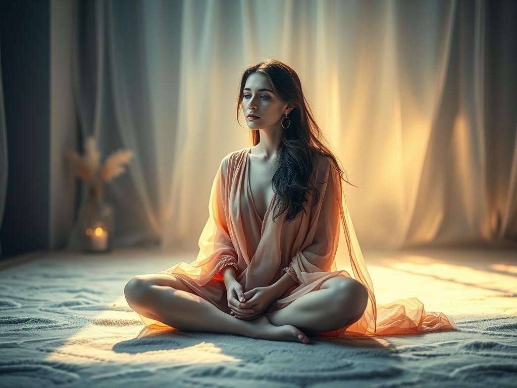 Create a realistic high-resolution photo that encapsulates the essence of a blog titled “The Veil & Mirror.” The composition should feature a serene, contemplative woman sitting cross-legged on a soft, textured floor, bathed in warm, ethereal lighting that gently highlights her features. She should embody the divine feminine, radiating a sense of peace and inner strength.
Dress her in flowing, translucent garments that blend delicate shades of indigo, pinks, and oranges, flowing harmoniously with her surro