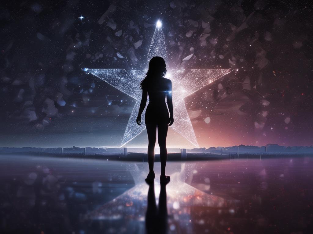 Create a realistic high-resolution image featuring a silhouette of a woman standing against a mesmerizing cosmic star map. The woman should be positioned in the lower third of the image, gazing upwards, her posture reflecting wonder and curiosity. The background should be a deep, expansive night sky filled with countless twinkling stars and intricate constellations, creating a sense of depth and infinity. The cosmic map should be richly detailed, with hints of vibrant blues, purples, and soft golden glimmer