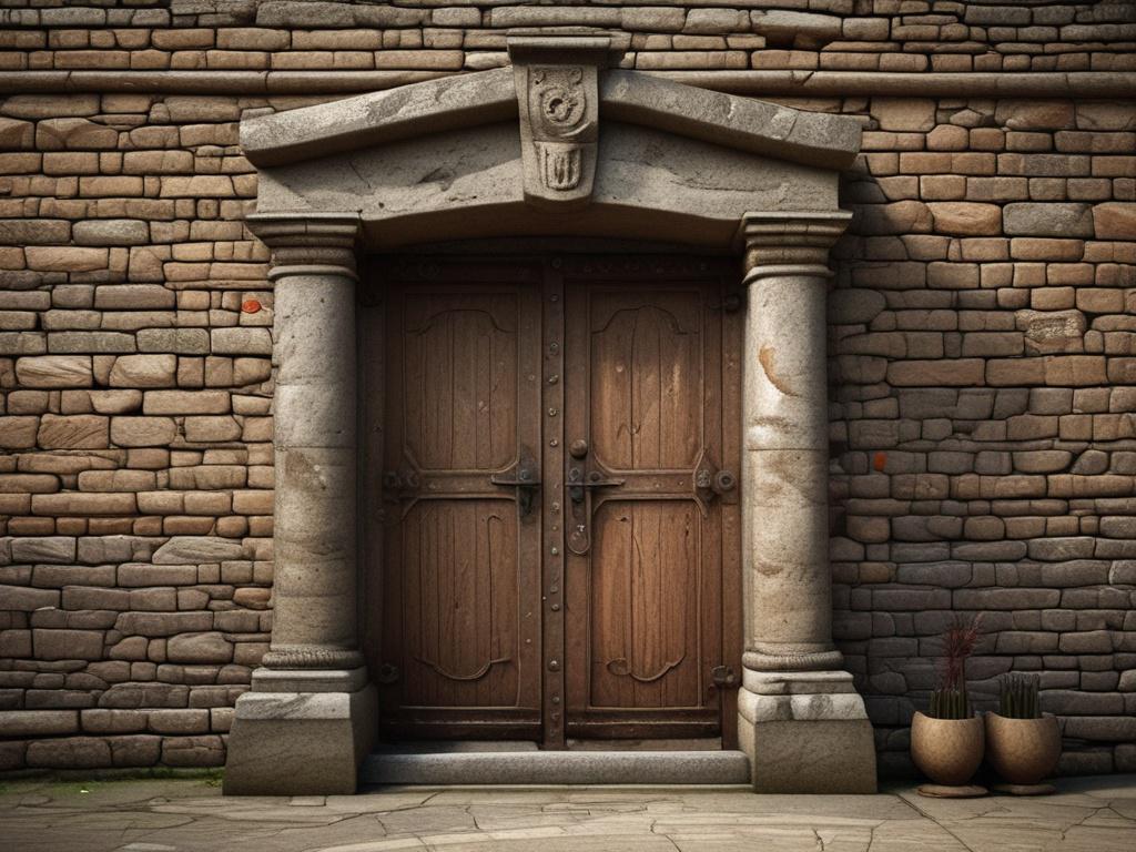 **Prompt for AI Image Generation:**

Create a realistic high-resolution photo of an ancient, weathered wooden doorway set in a rustic stone wall. The doorway should exhibit intricate carvings that reflect spiritual symbols and motifs, showcasing the passage of time through faded colors and textures. Surrounding the doorway, incorporate soft, earthy tones of moss and lichen clinging to the stones, enhancing the sense of peace and serenity in the scene. The composition should highlight the doorway as the sole