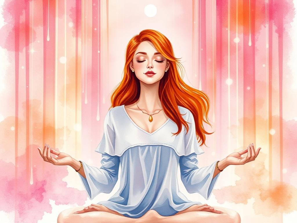 Create a high-quality illustration featuring a red-haired woman in a meditative pose, surrounded by prisms of light that cascade in pastel pinks and oranges. The setting should evoke a psychedelic reiki sanctuary, with vividly rich colors that blend harmoniously, creating a serene and uplifting atmosphere. Focus on the woman's peaceful expression, and ensure the background complements the theme without overwhelming the main subject.