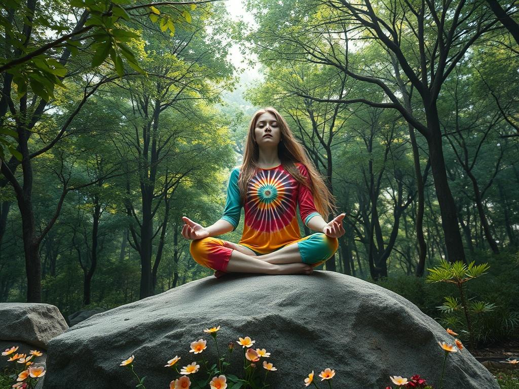**AI Image Generation Prompt:**

Create a realistic high-resolution photo that illustrates the title "Weird Psychedelic Dreams." The image should center around a solitary figure in a serene meditation pose on a smooth, flat rock, surrounded by a lush forest. The subject, a person with long flowing hair, is adorned with vibrant, colorful clothing that features swirling patterns reminiscent of tie-dye. Their eyes are closed, and a tranquil expression graces their face, conveying a sense of peace and deep intr