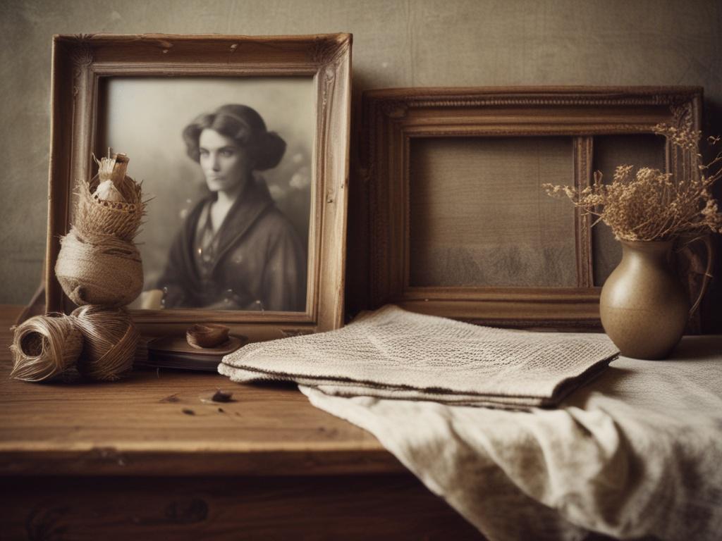 Create a realistic high-resolution photo reflecting the essence of a blog titled "The Veil & Mirror." The composition should feature a single, antique photograph resting on a rustic wooden table, embodying a sense of history and familial connection. The image should focus on this old photograph that showcases a warm, intimate moment shared by family members, capturing their genuine expressions of love and togetherness.

In the background, softly blurred natural textures like hints of fabric and greenery sho