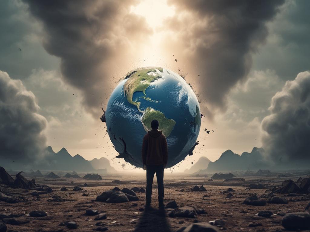 **Image Generation Prompt:**

Create a highly realistic, high-resolution photo that captures the intense emotions of fear and awe associated with an earth-shattering event. The composition should be simple and clear, featuring a single subject in the foreground: a close-up of a human face, expressing a mixture of fear and wonder. The person's eyes should be wide open, reflecting the vivid colors of a dramatic sky, filled with swirling clouds in shades of deep red and bright orange, signifying chaos. 

The b