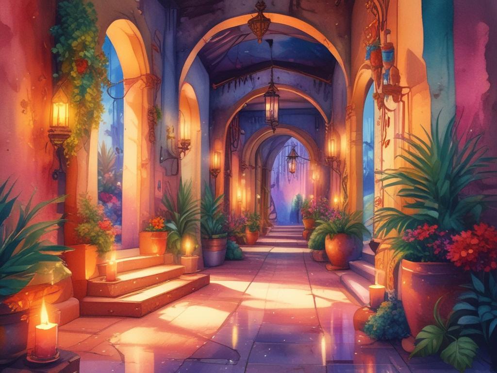 A vividly colorful passageway leading into an exotic, surreal environment. The passageway is adorned with soft, flickering candles that cast a warm, inviting glow. The walls of the passageway are painted in rich, vibrant colors, creating a dreamlike atmosphere. In the background, lush, fantastical landscapes and vibrant flora can be seen, inviting exploration and wonder. The overall tone of the image should be ethereal and enchanting, evoking a sense of magic and discovery.