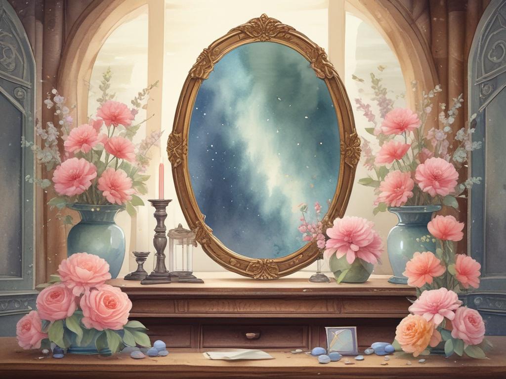 A handheld vintage mirror, elegantly resting on a wooden altar. Surrounding the mirror are colorful flowers in soft bloom, smooth stones of various sizes, and handwritten notes filled with thoughtful reflections. The altar is adorned with a soft, ethereal light that enhances the spiritual ambiance, creating a scene that invites viewers to engage in ritual reflection. The background is simple and serene, allowing the focus to remain on the mirror and its meaningful surroundings.