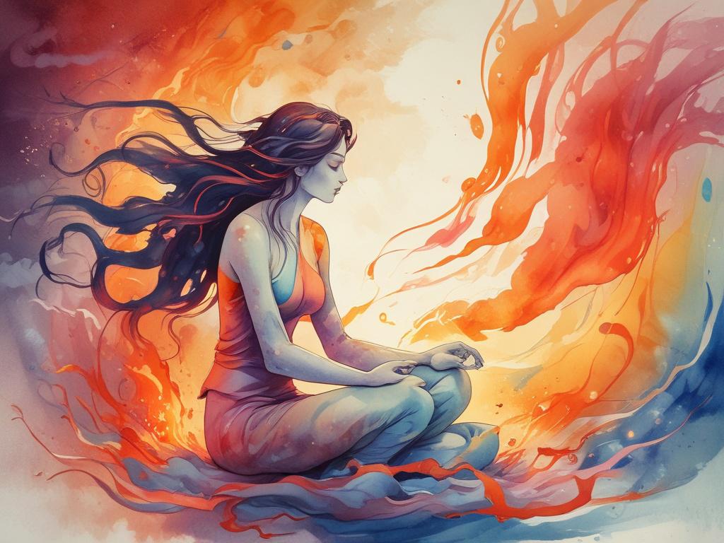 A translucent figure seated in still meditation, embodying tranquility amidst chaos. One half of her is surrounded by vibrant orange and red flames, representing fire, while the other half is enveloped in swirling gusts of wind, symbolizing air. This yin-yang storm creates a striking contrast, highlighting balance and harmony. The figure features beautiful auburn hair, flowing gently as if caught in the breeze. The background is serene, with soft watercolor textures in muted colors that complement the prima