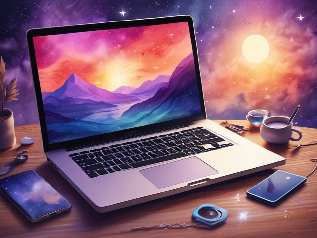 A vivid, colorful laptop open on a wooden desk, surrounded by an ethereal, cosmic background filled with twinkling stars and swirling galaxies. The laptop screen glows with a soft light, illuminating the desk with a gentle, warm hue. The overall atmosphere is magical, inviting the viewer into a realm of creativity and inspiration.