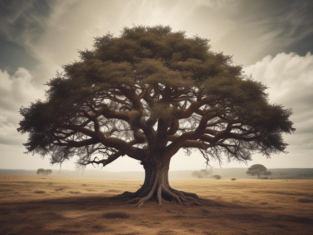 **AI Image Generation Prompt:**
Create a realistic, high-resolution photo that captures the essence of mystique and connection to nature. The composition should be simple and clear, focusing solely on one subject: a majestic, ancient tree with sprawling roots. The tree stands prominently in the center of the image, its branches reaching gracefully toward a twilight sky filled with twinkling stars and a subtle crescent moon.
A softly glowing, semi-transparent veil of mist or gossamer fabric floats gently a