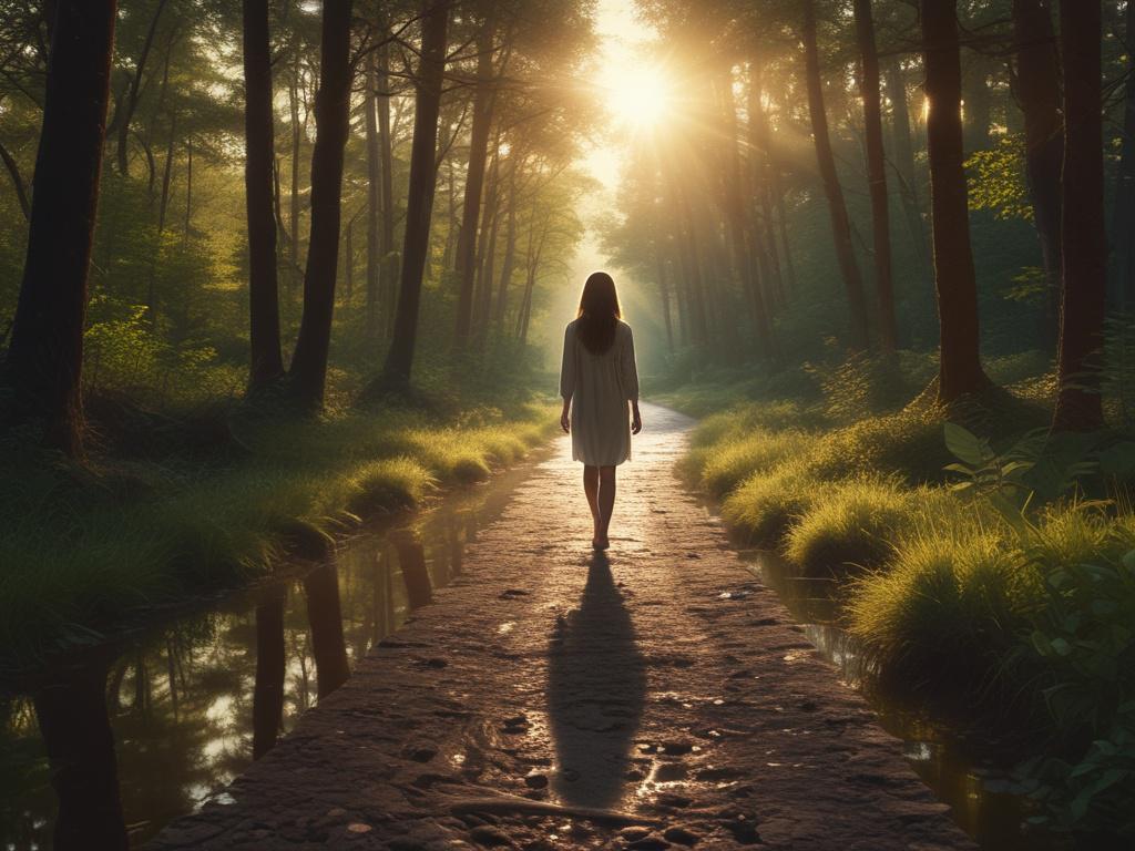 **AI Image Generation Prompt:**

Create a realistic high-resolution photo of a single subject: a barefoot woman stepping onto a serene forest path at dawn. The woman is the focal point of the image, capturing her in mid-step as she interacts with her natural surroundings. She should have long, flowing hair that gently moves with the soft morning breeze. Her expression should convey peace and connection with nature, embodying a sense of awakening and introspection.

The forest path is surrounded by lush gree
