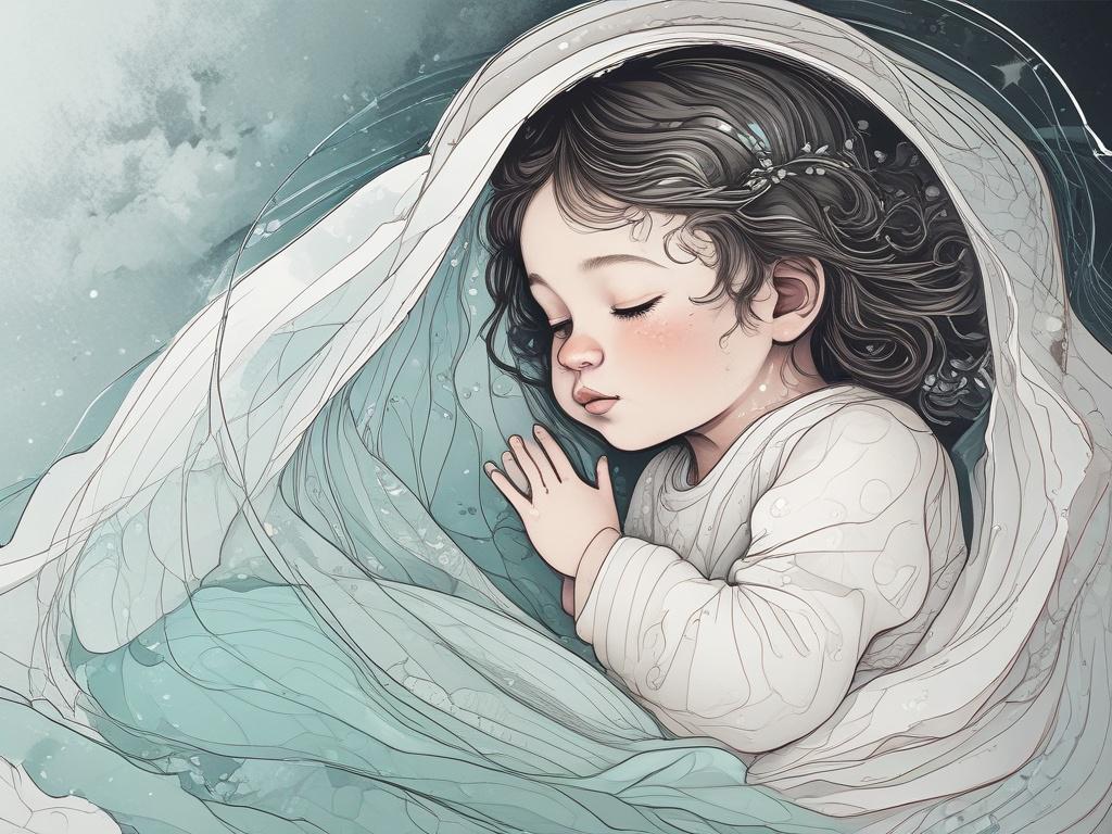 **AI Image Generation Prompt:**

Create a high-quality illustration that captures the essence of a serene and spiritual atmosphere for a blog titled "The Veil and the Mirror." The composition should focus on a single, heartwarming subject: an infant peacefully sleeping in a beautifully crafted tribal cradle. 

The cradle should exhibit intricate tribal patterns and natural materials, emphasizing a connection to ancient traditions and cultures. The infant, swaddled in soft, earthy-toned fabrics, should have 